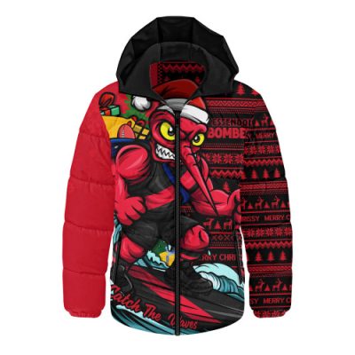 Essendon Hooded Padded Jacket Christmas Holiday Santa Rides The Waves