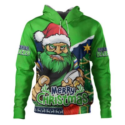 Canberra Raiders Hoodie Santa Scoring Touchdown On Christmas Game Day