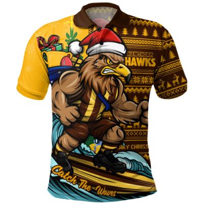 Hawthorn Polo Shirt Christmas Holiday Santa Rides The Waves