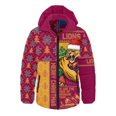 Brisbane Lions Hooded Padded Jacket Merry Christmas Knit Style Festive Spirit