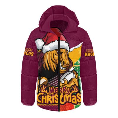Brisbane Broncos Hooded Padded Jacket Santa Scoring Touchdown On Christmas Game Day