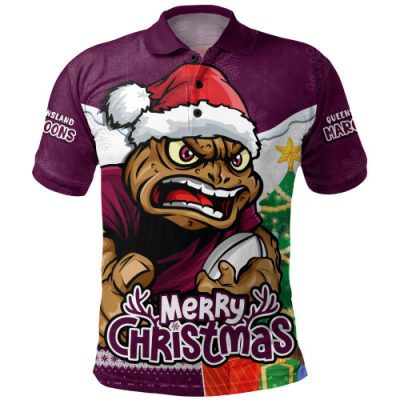 Queensland Maroons Polo Shirt Santa Scoring Touchdown On Christmas Game Day
