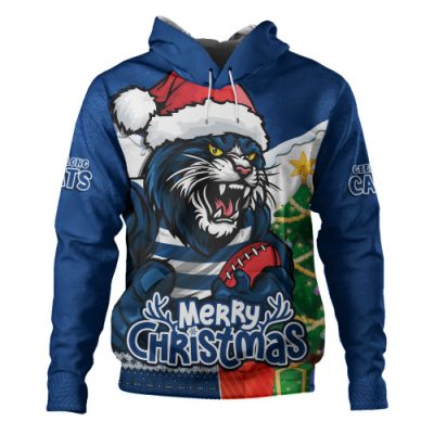 Geelong Cats Hoodie Santa Scoring Touchdown On Christmas Game Day