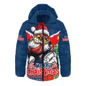 Sydney Roosters Hooded Padded Jacket Santa Scoring Touchdown On Christmas Game Day