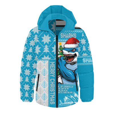 Cronulla-Sutherland Sharks Hooded Padded Jacket Christmas Magic Knit Style Winter Glow
