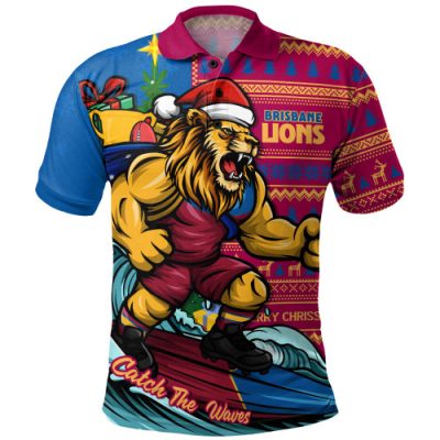 Brisbane Lions Polo Shirt Christmas Holiday Santa Rides The Waves