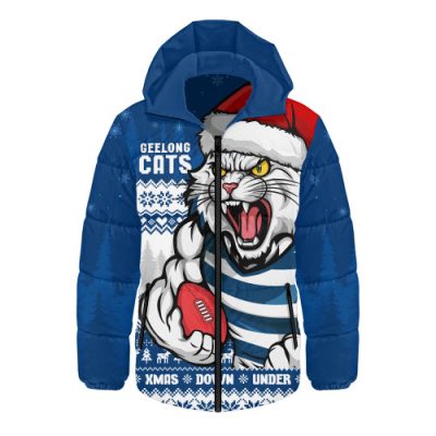Geelong Cats Hooded Padded Jacket Merry Christmas Down Under Footy Power Style