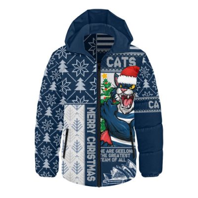Geelong Cats Hooded Padded Jacket Merry Christmas Knit Style Festive Spirit