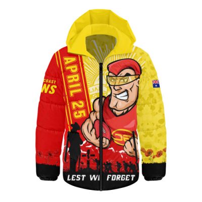 Gold Coast SUNS Hooded Padded Jacket Anzac Day Lest We Forget Memorial