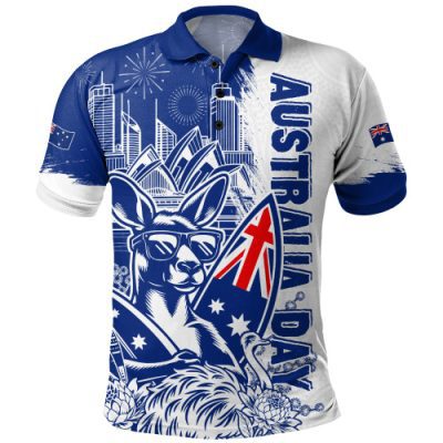 Australia Polo Shirt Australia Day Kangaroo Surfboard Blue Skyline Celebration