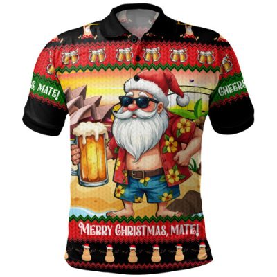 Australia Polo Shirt Christmas Santa Beer Cheers Style