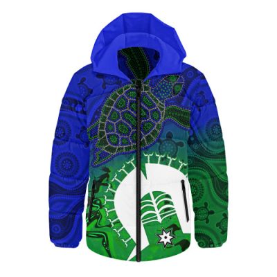 Indigenous Australian Aboriginal Hooded Padded Jacket Island Heart Turtle Path