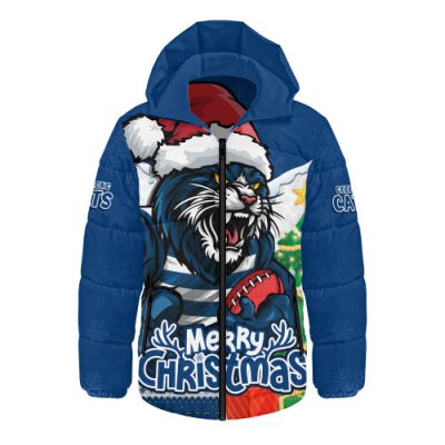 Geelong Cats Hooded Padded Jacket Santa Scoring Touchdown On Christmas Game Day