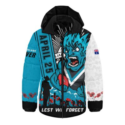 Port Adelaide Hooded Padded Jacket Anzac Day Lest We Forget Memorial