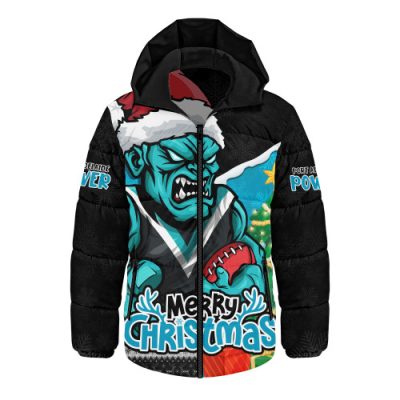 Port Adelaide Hooded Padded Jacket Santa Scoring Touchdown On Christmas Game Day