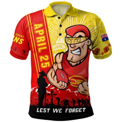 Gold Coast SUNS Polo Shirt Anzac Day Lest We Forget Memorial