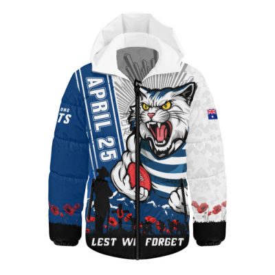 Geelong Cats Hooded Padded Jacket Anzac Day Lest We Forget Memorial