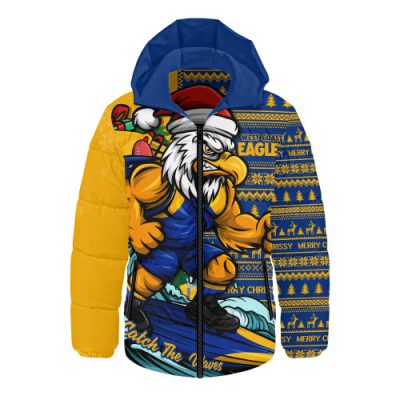 West Coast Eagles Hooded Padded Jacket Christmas Holiday Santa Rides The Waves