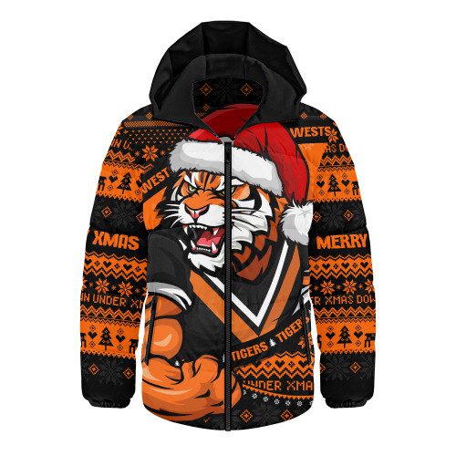 Wests Tigers Hooded Padded Jacket Ugly Knit Style For Christmas Game Fans Wests Tigers Hooded Padded Jacket Ugly Knit Style For Christmas Game Fans