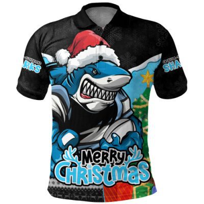 Cronulla-Sutherland Sharks Polo Shirt Santa Scoring Touchdown On Christmas Game Day