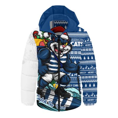 Geelong Cats Hooded Padded Jacket Christmas Holiday Santa Rides The Waves