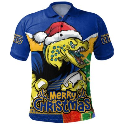 Parramatta Eels Polo Shirt Santa Scoring Touchdown On Christmas Game Day