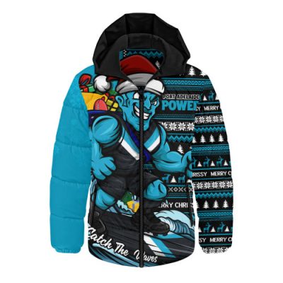 Port Adelaide Hooded Padded Jacket Christmas Holiday Santa Rides The Waves