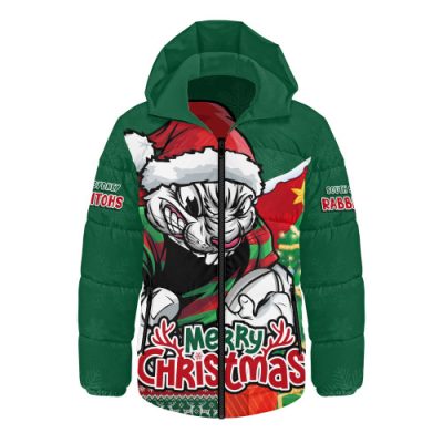 South Sydney Rabbitohs Hooded Padded Jacket Santa Scoring Touchdown On Christmas Game Day