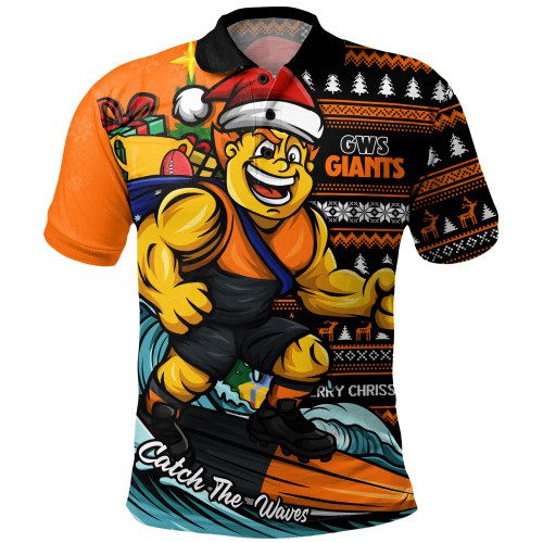 GWS GIANTS Polo Shirt Christmas Holiday Santa Rides The Waves GWS GIANTS Polo Shirt Christmas Holiday Santa Rides The Waves