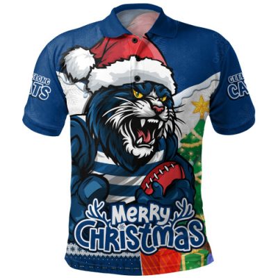 Geelong Cats Polo Shirt Santa Scoring Touchdown On Christmas Game Day