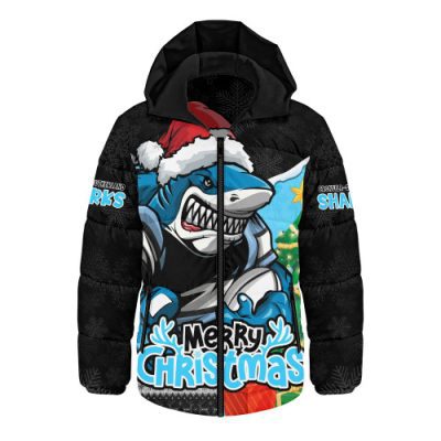Cronulla-Sutherland Sharks Hooded Padded Jacket Santa Scoring Touchdown On Christmas Game Day