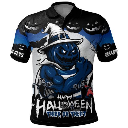 Geelong Cats Polo Shirt Dark Pumpkin Halloween Spirit Geelong Cats Polo Shirt Dark Pumpkin Halloween Spirit
