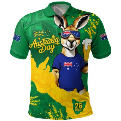Australia Polo Shirt Australia Day Kangaroo Cheers Green Gold Celebration Edition
