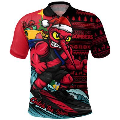 Essendon Polo Shirt Christmas Holiday Santa Rides The Waves