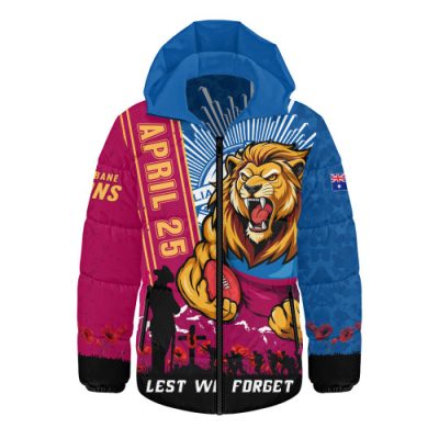 Brisbane Lions Hooded Padded Jacket Anzac Day Lest We Forget Memorial