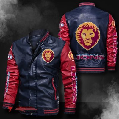 AFL Brisbane Lions Navy Blue Red Leather Bomber Jacket