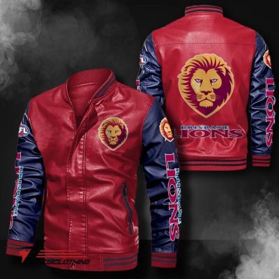 AFL Brisbane Lions Red Navy Blue Leather Bomber Jacket