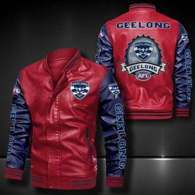 AFL Geelong Cats Red Navy Blue Leather Bomber Jacket