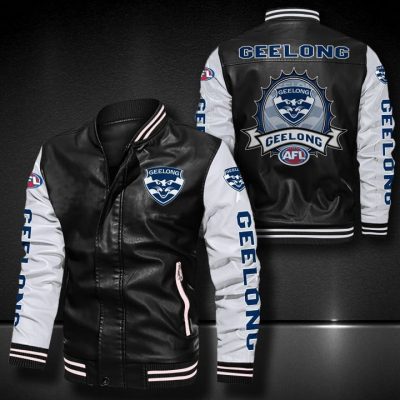 AFL Geelong Cats Black White Leather Bomber Jacket