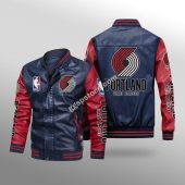 NBA Portland Trail Blazers Navy Red Leather Bomber Jacket