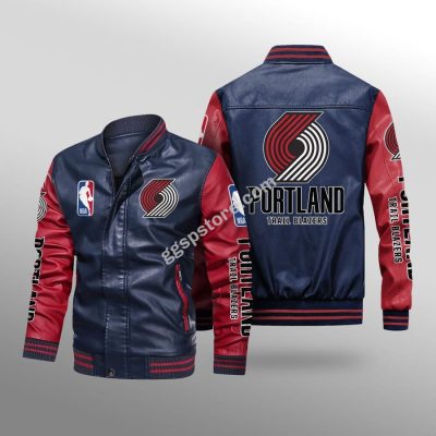 NBA Portland Trail Blazers Navy Red Leather Bomber Jacket