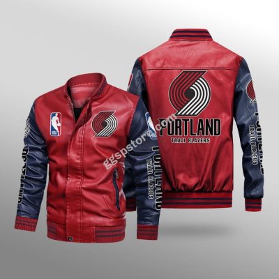 NBA Portland Trail Blazers Red Navy Leather Bomber Jacket
