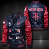 NBA Houston Rockets Navy Red Logo Team Leather Bomber Jacket