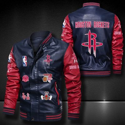 NBA Houston Rockets Navy Red Logo Team Leather Bomber Jacket
