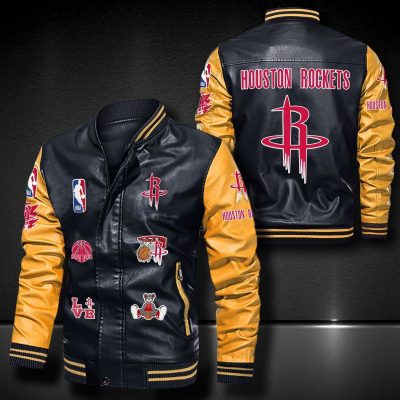 NBA Houston Rockets Black Yellow Logo Team Leather Bomber Jacket