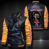 NBA Houston Rockets Black Yellow Skull Leather Bomber Jacket