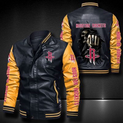 NBA Houston Rockets Black Yellow Skull Leather Bomber Jacket