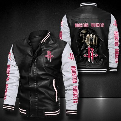NBA Houston Rockets Black White Skull Leather Bomber Jacket