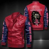 NBA Houston Rockets Red Navy Skull Leather Bomber Jacket