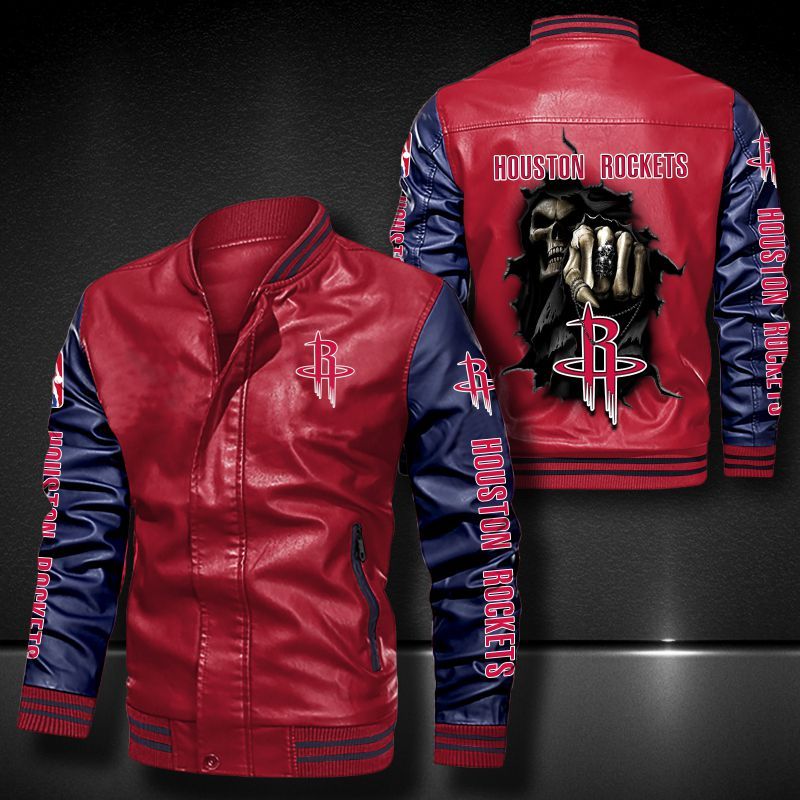 NBA Houston Rockets Red Navy Skull Leather Bomber Jacket NBA Houston Rockets Red Navy Skull Leather Bomber Jacket